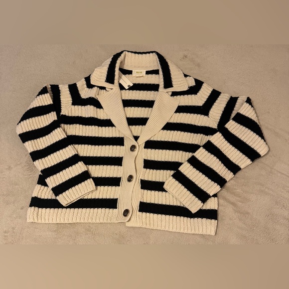 Maeve Anthropologie Sweater Women Medium Greta Polo Cardigan Black Cream NWT - Picture 2 of 9